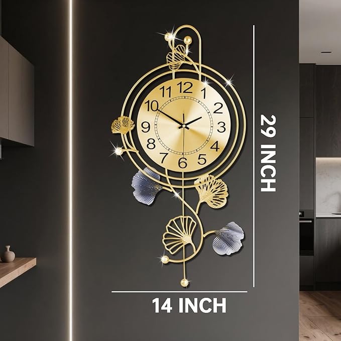 Luxury Gold Metal Wall Clock Silent Pendulum Modern Leaf Design Home Decor