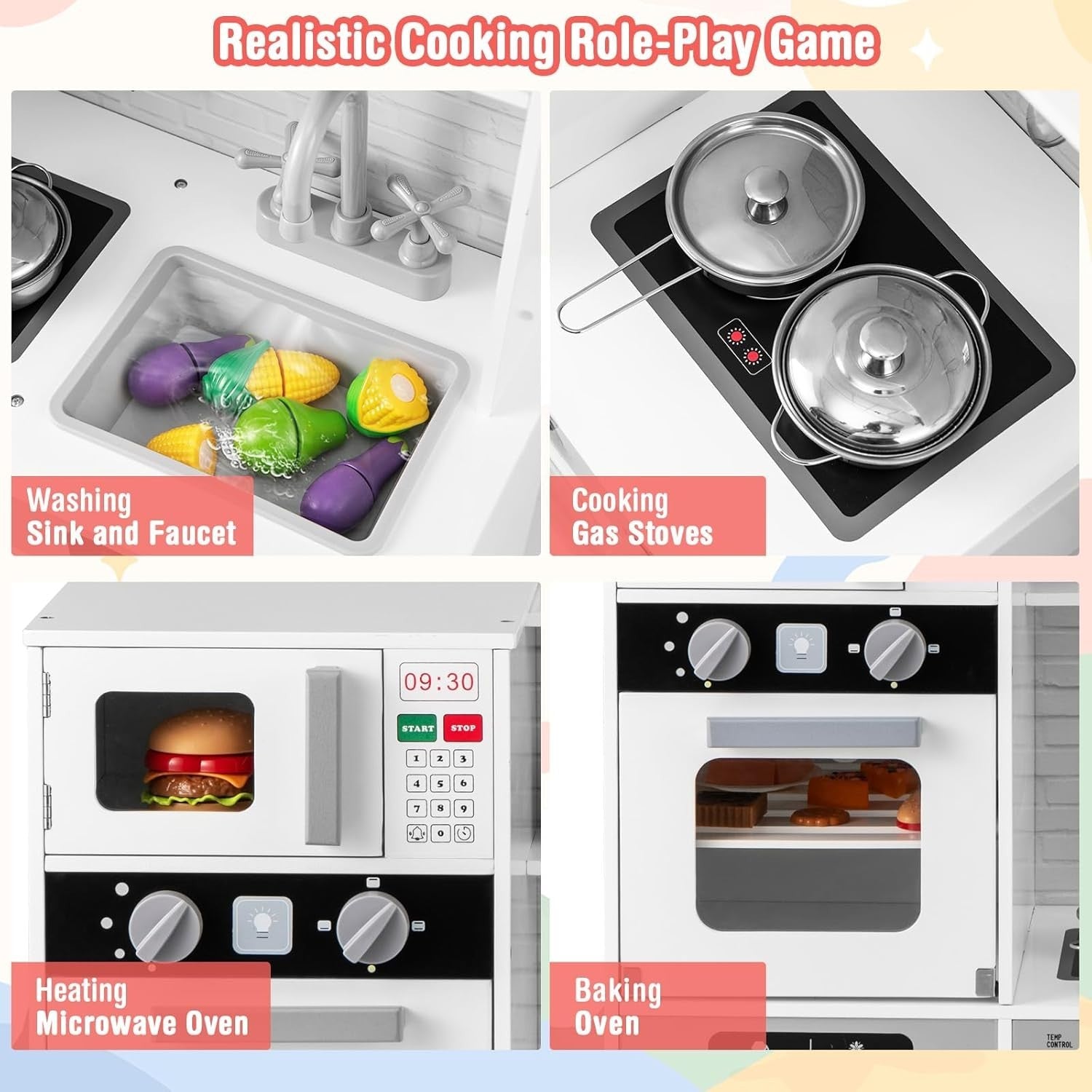 Kids Wooden Play Kitchen Lights Sounds Washer Coffee Maker Toy
