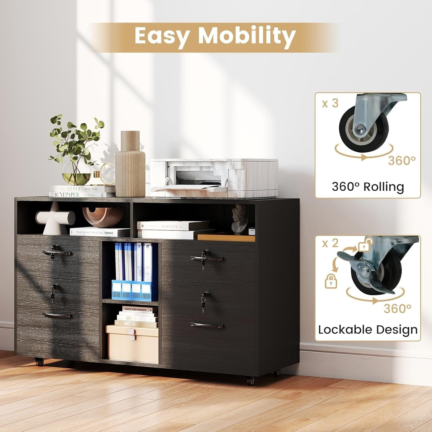 Black Wide Mobile File Cabinet 4 Drawer Lockable Lateral Printer Stand