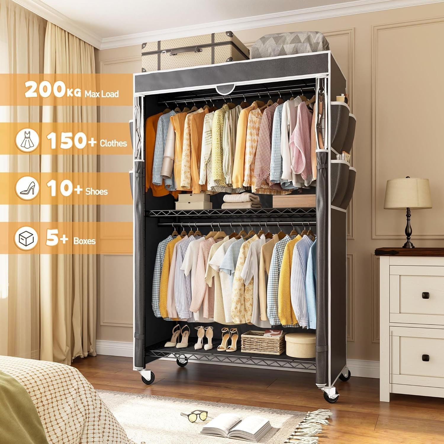Heavy Duty Clothes Rail with Cover & Shelves – Black 204cm