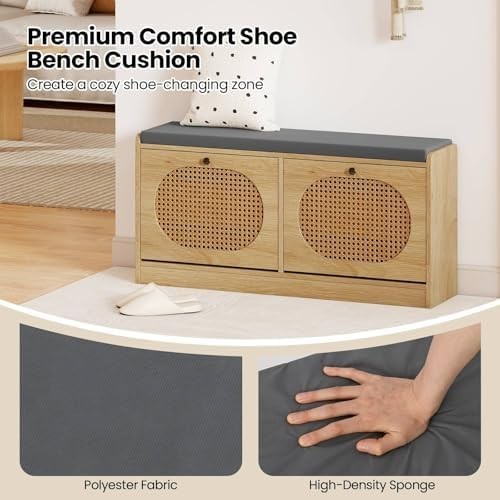 Rattan Shoe Bench with Cushion 2-Door Storage Cabinet Adjustable Shelves Unit