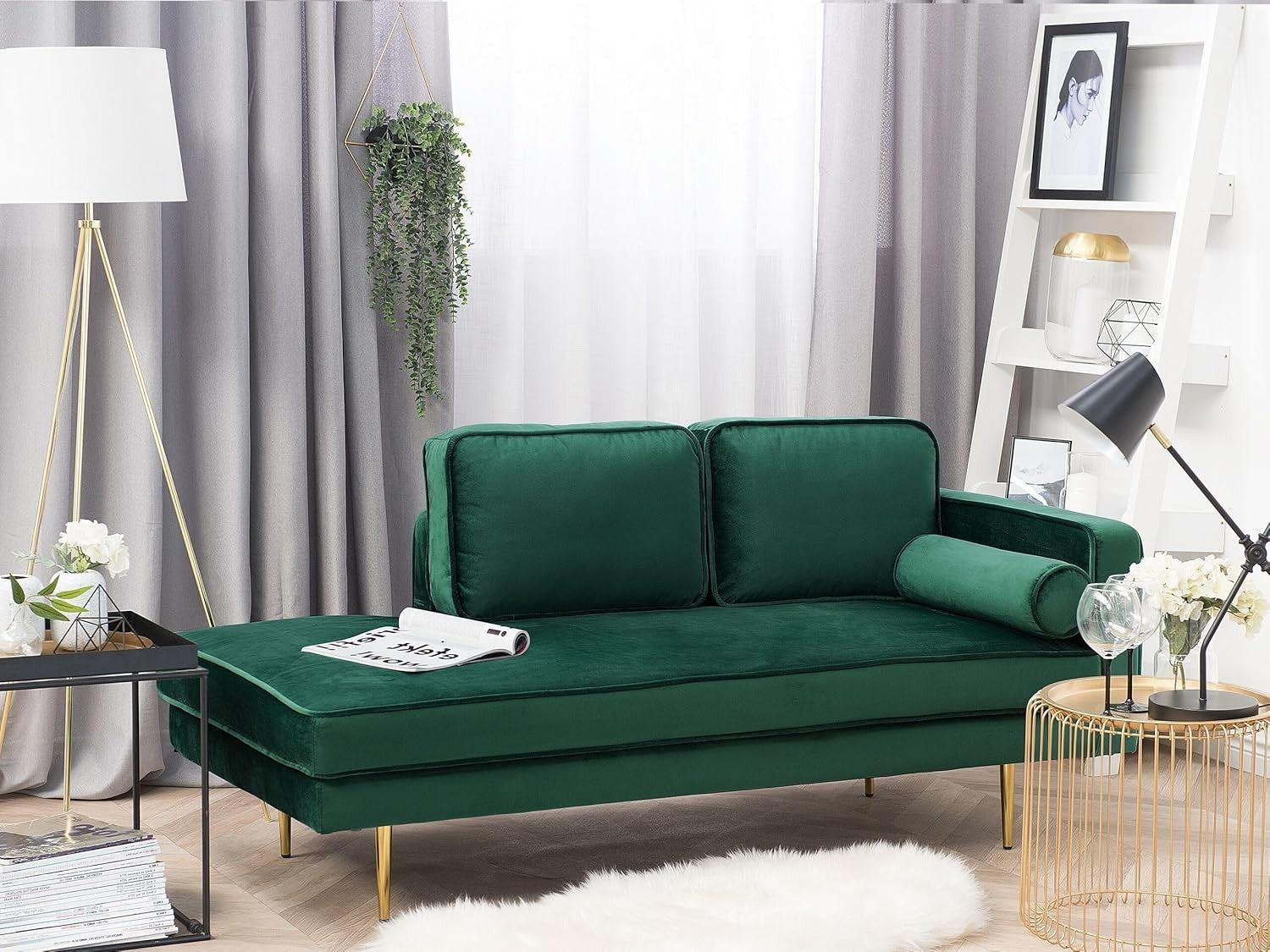 Emerald Green Velvet Chaise Lounge | Gold Legs, Cushions, 171cm Wide