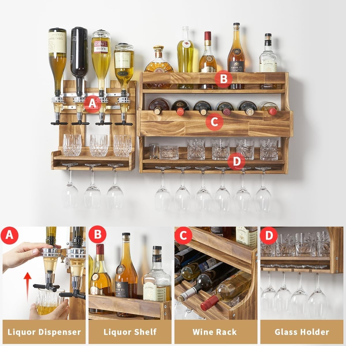 Rustic Wall Mounted Wine & Liquor Rack with Glass Holder – 4 Bottle