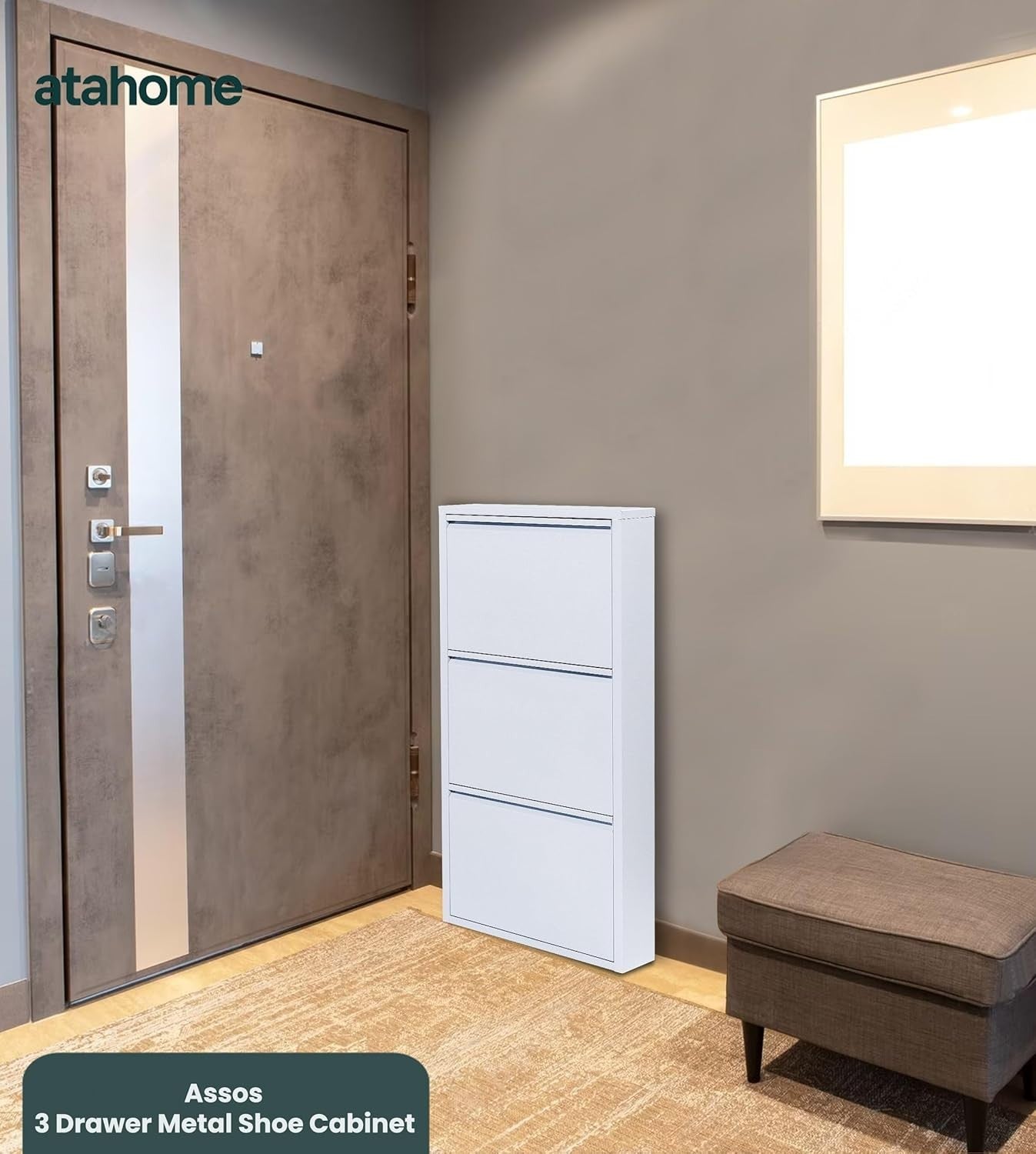 Slim Wall Mounted Shoe Cabinet 3 Drawer Metal Organizer White 104cm