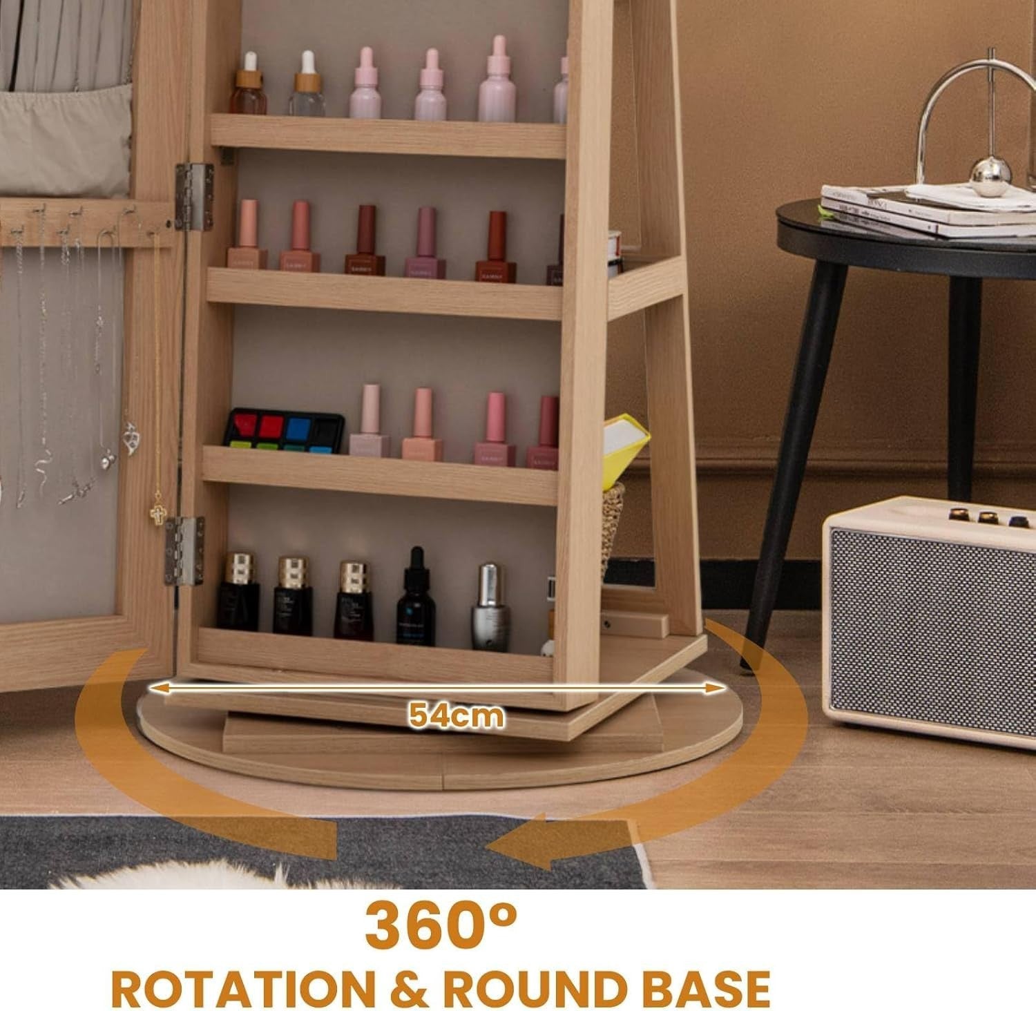 Natural 360° Swivel LED Jewelry Cabinet Mirror Lockable 3-Color Storage