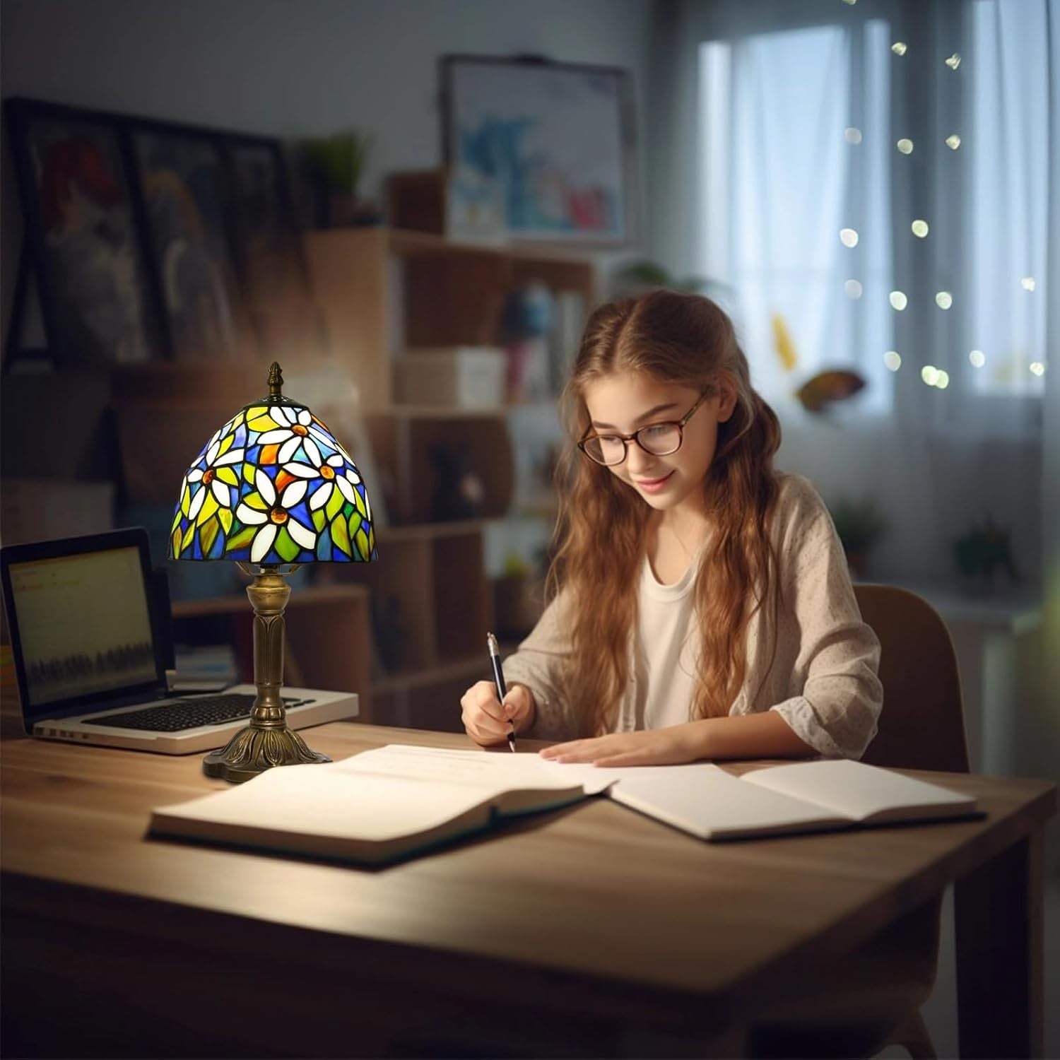 Dimmable Tiffany Table Lamp with 3 Color LED Bulb | Elegant Bedside Light