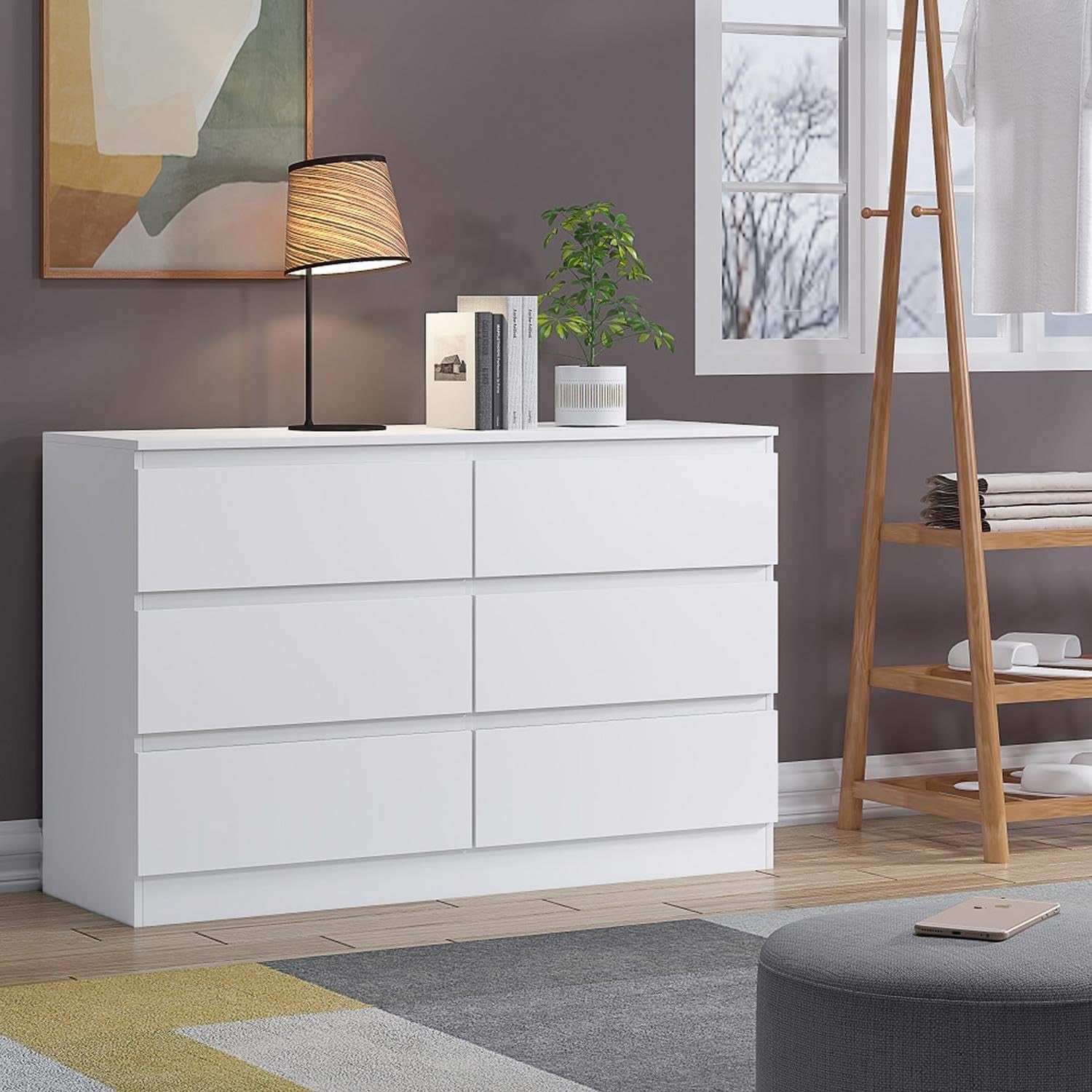 Modern White 6 Drawer Chest Wide Storage Unit for Bedroom TV Setup