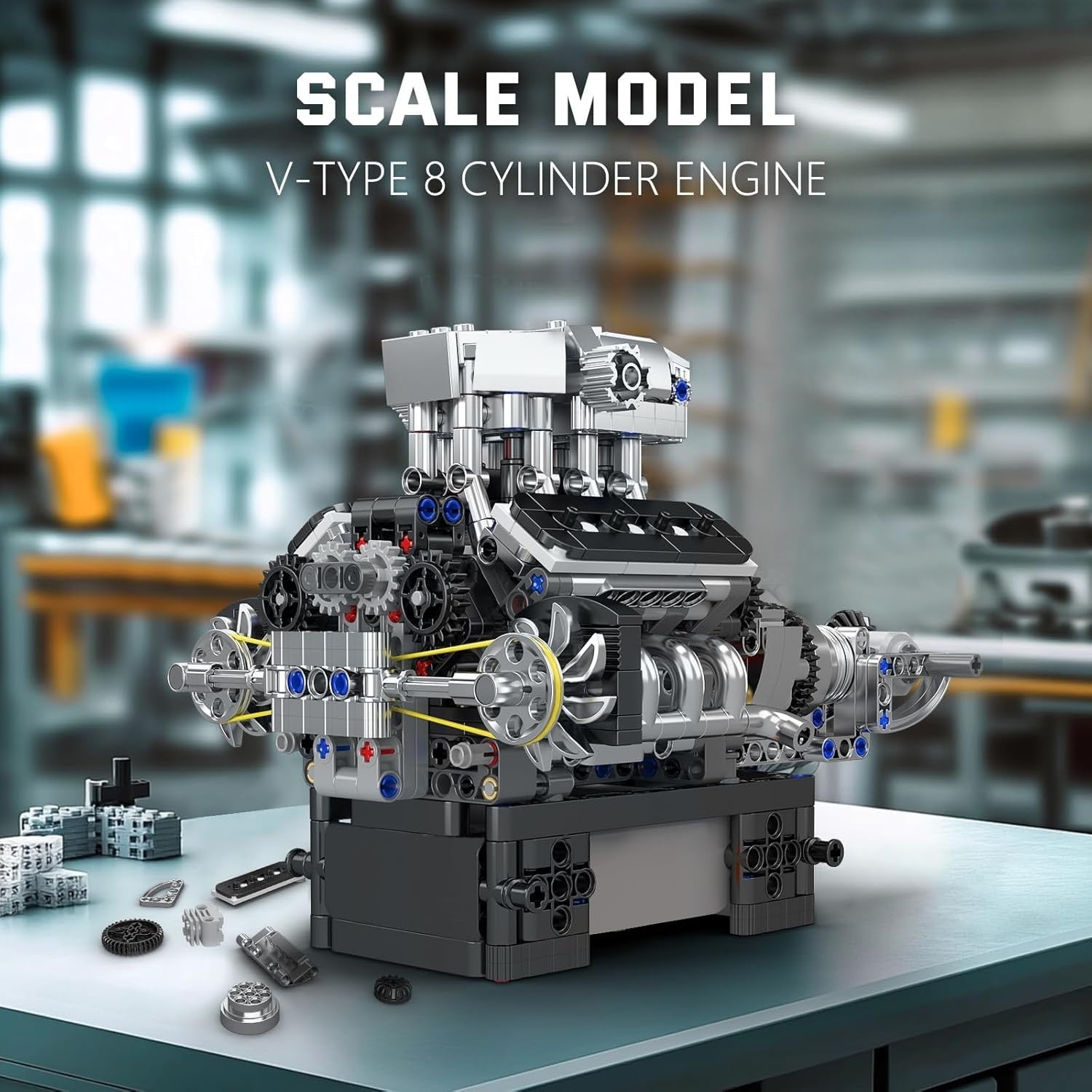 V8 Engine Model Kit with Motor 737pcs – Realistic Car Engine Toy