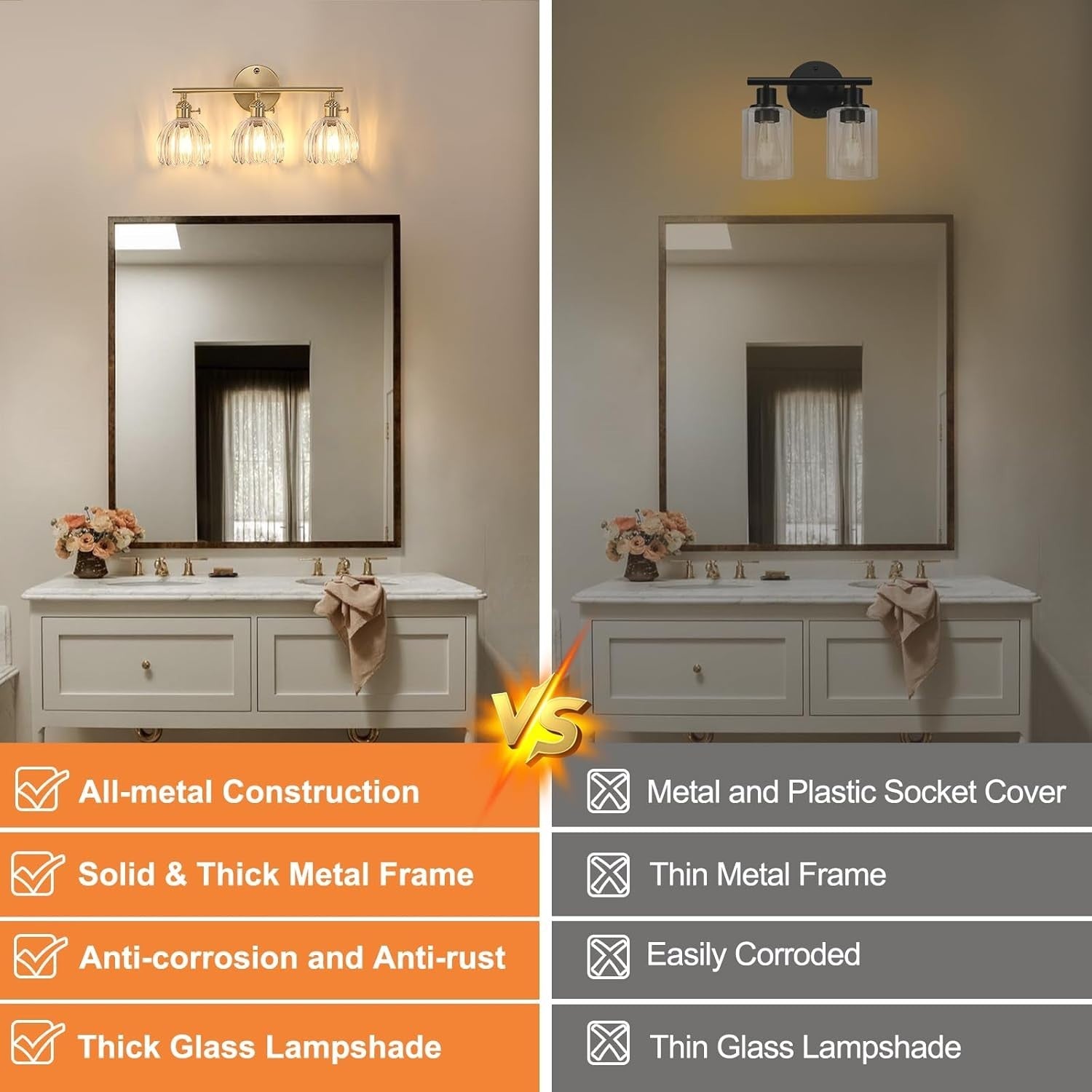 3-Light Clear Glass Wall Sconce Vanity Light Brass Fixture for Bathroom