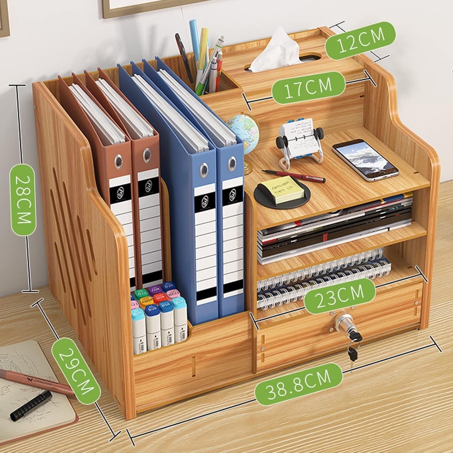 Wood Desk Organiser with Drawer 9-Compartment Desktop Storage Brown