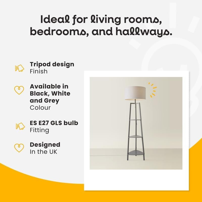 Grey Wooden Floor Lamp with Shelves Tall Storage Standing Light Grey Shade