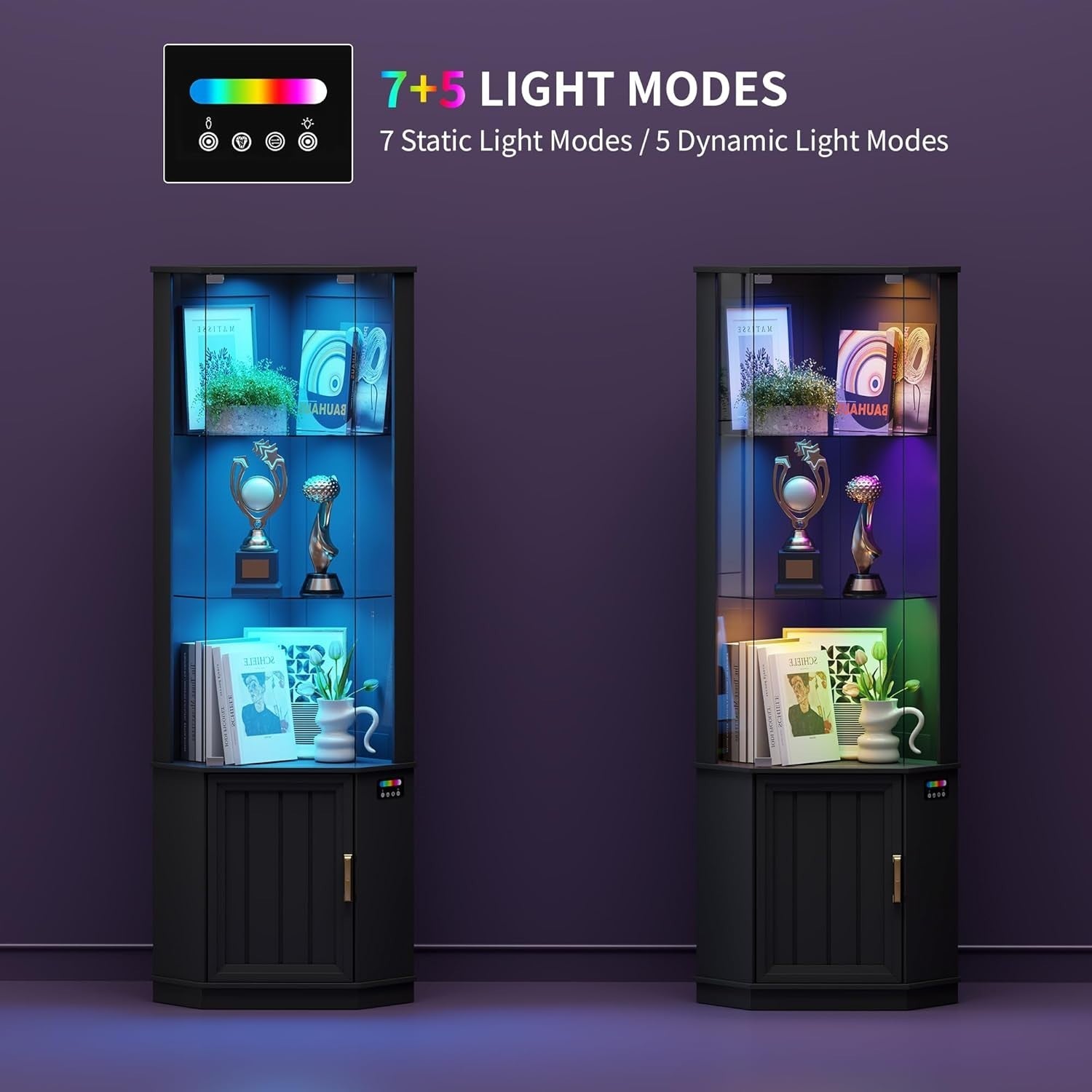 Corner Display Cabinet with RGB Lights, Glass Shelves & Motion Sensor