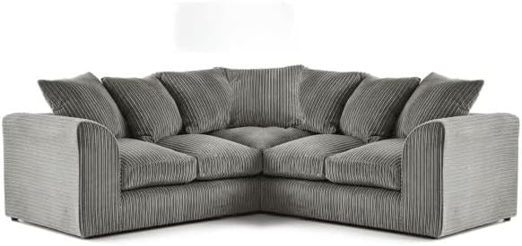 Grey Jumbo Cord L-Shape Corner Sofa with Plush Cushions & Removable Cover