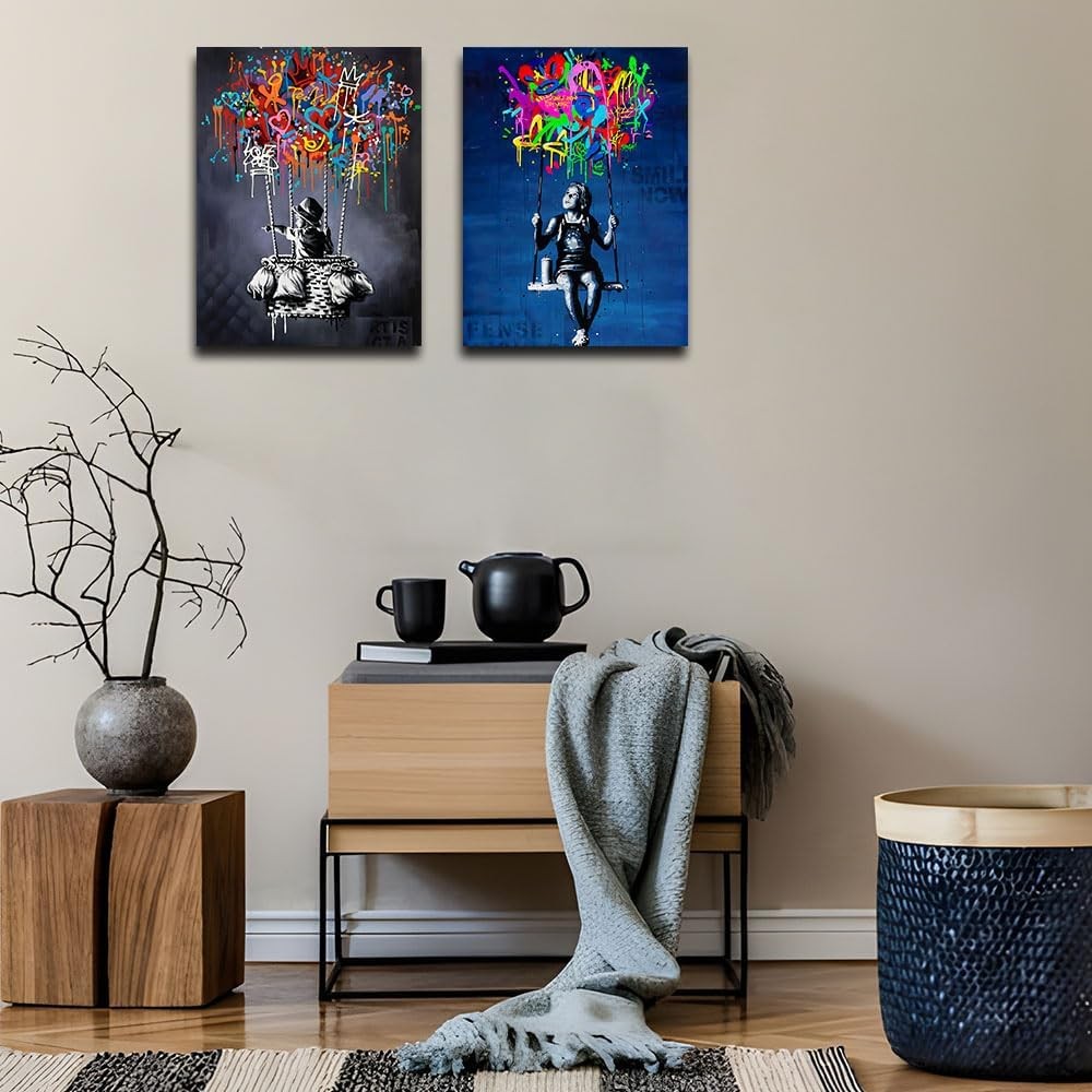 Banksy Street Graffiti Canvas – Large Colorful Abstract Wall Art 36x24in