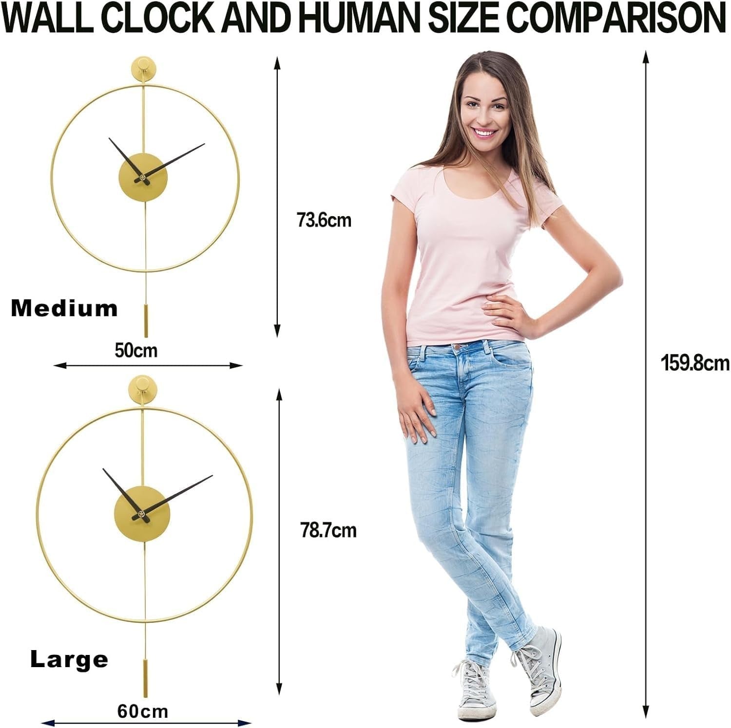 Luxury Silent Wall Clock Gold 20" Modern Metal Decor w/ Pendulum Home
