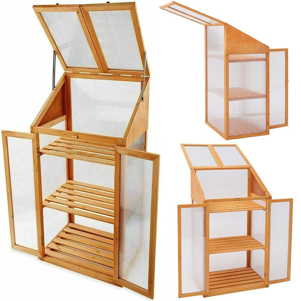 3 Tier Wooden Garden Greenhouse with Polycarbonate Panels & Adjustable Shelves