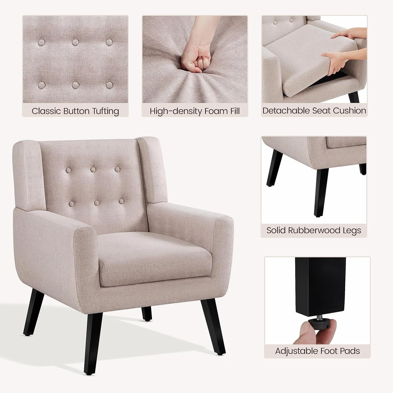 Set of 2 Beige Linen Armchairs, Button Tufted, Mid-Century Modern Chairs