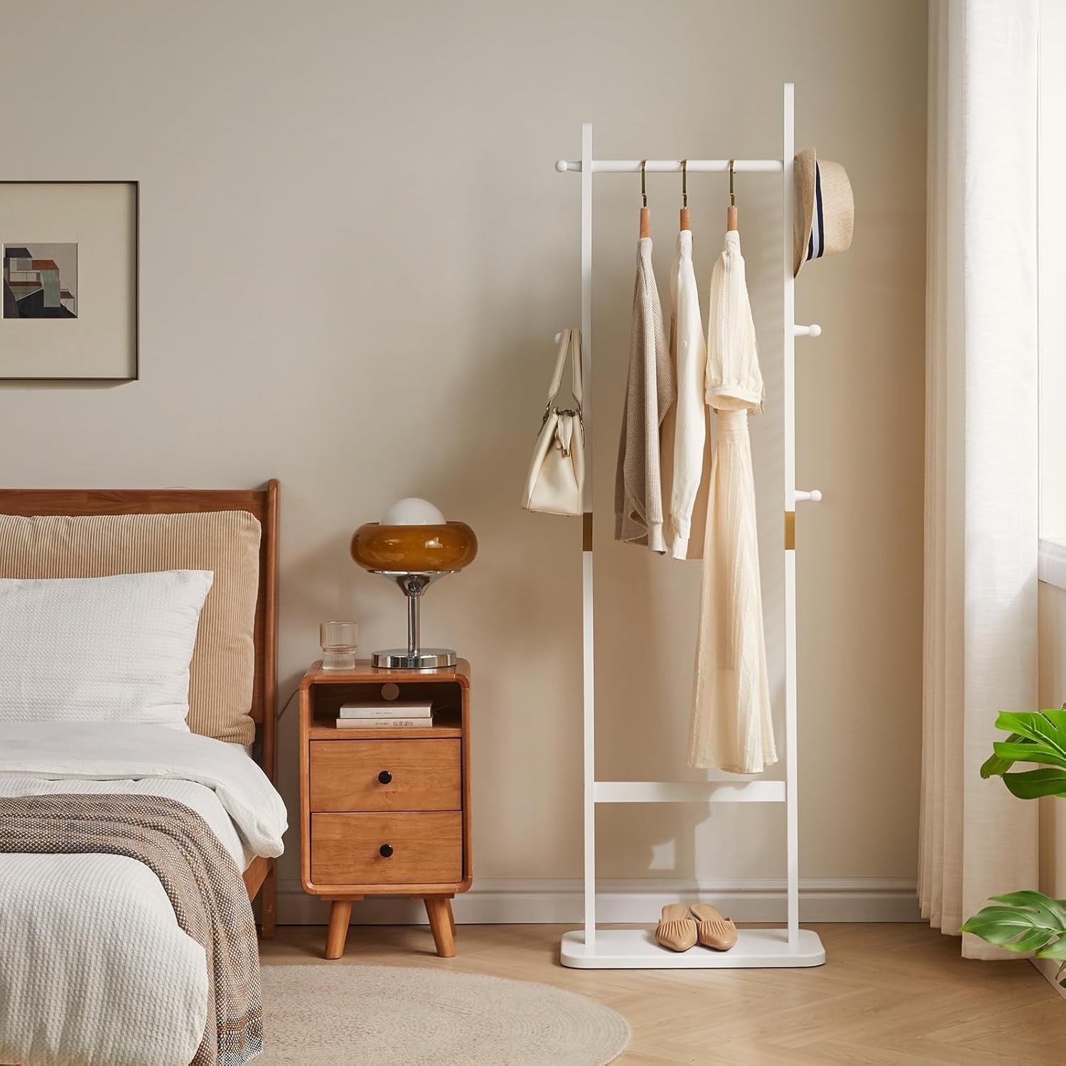 Modern Wooden Free Standing Coat Rack 180cm 5 Hooks Organizer Hanger Stand