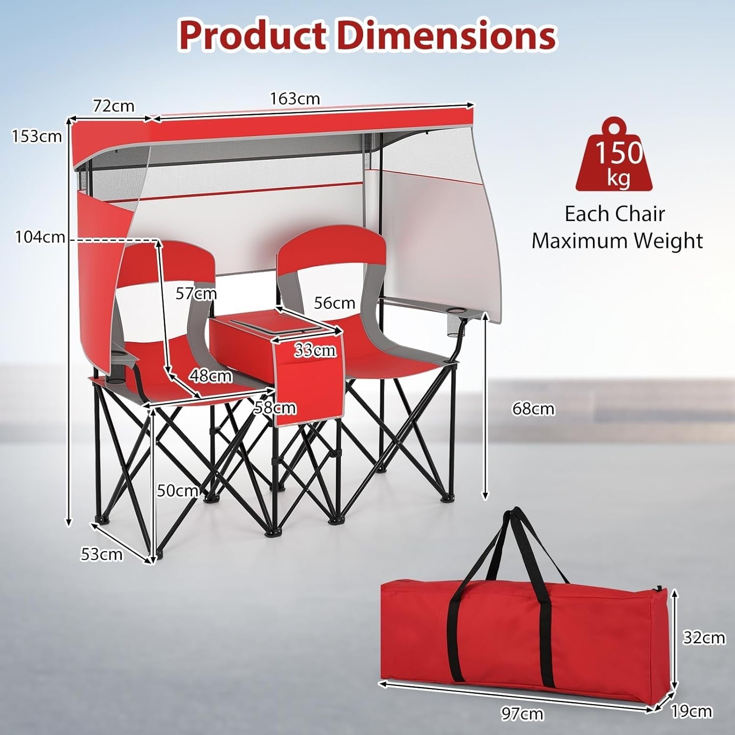 Red Folding Camping Loveseat w/ Canopy, Cup Holders & Cooler Bag, 2 Seat