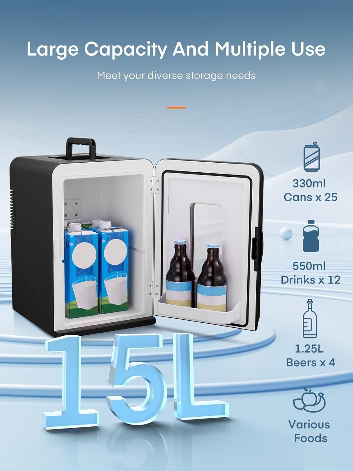 15L Mini Fridge Portable Cooler & Warmer AC/DC Black 21 Can