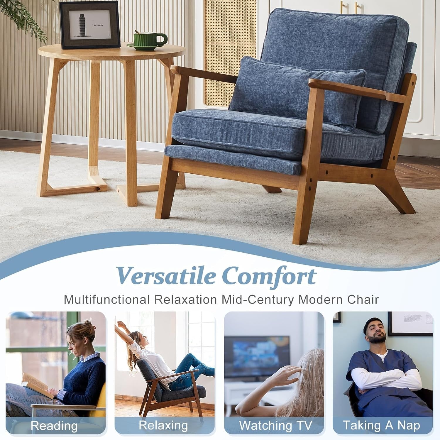 Sea Blue Chenille Accent Chair – Solid Wood Lounge Armchair Wide Arm