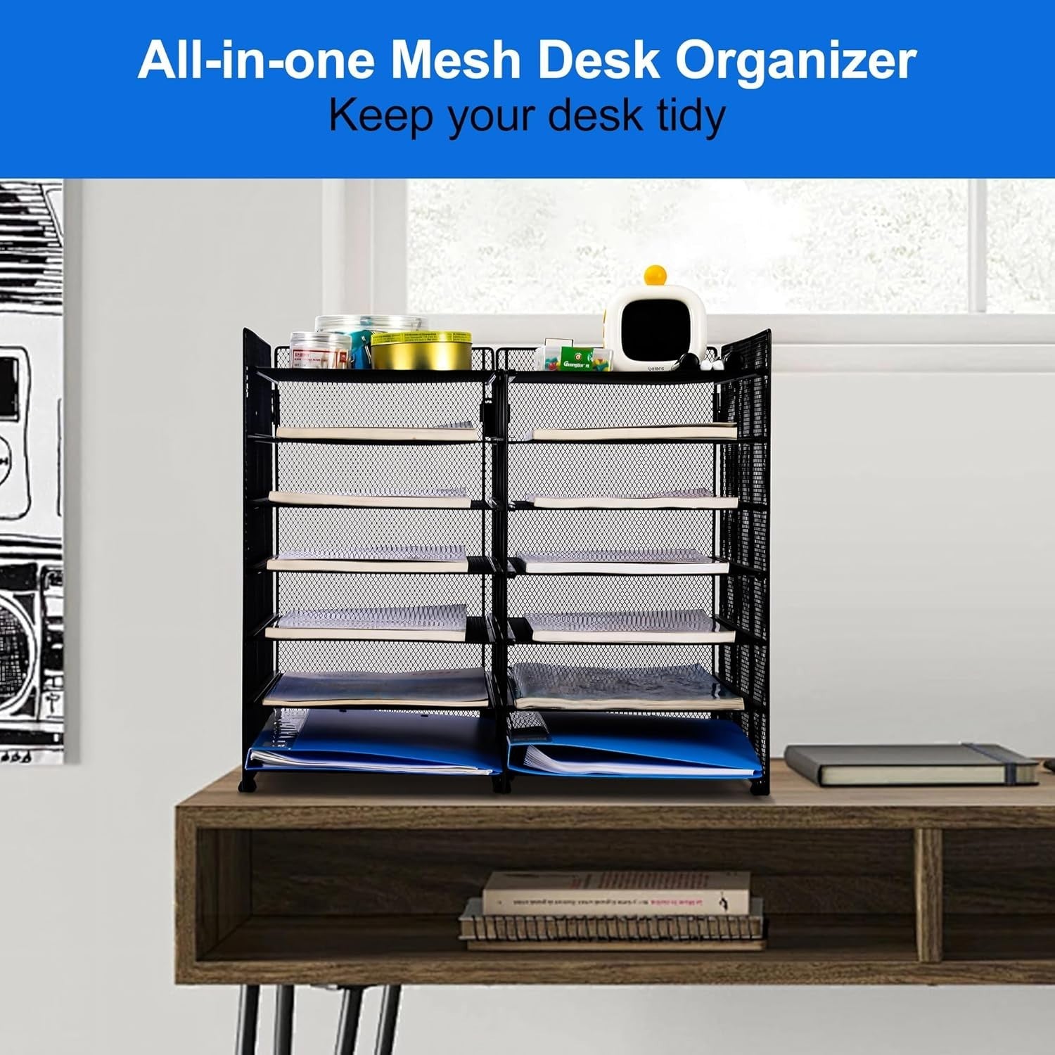 7-Tier Mesh Desk Organiser 12 Compartments A4 Paper File Tray Black
