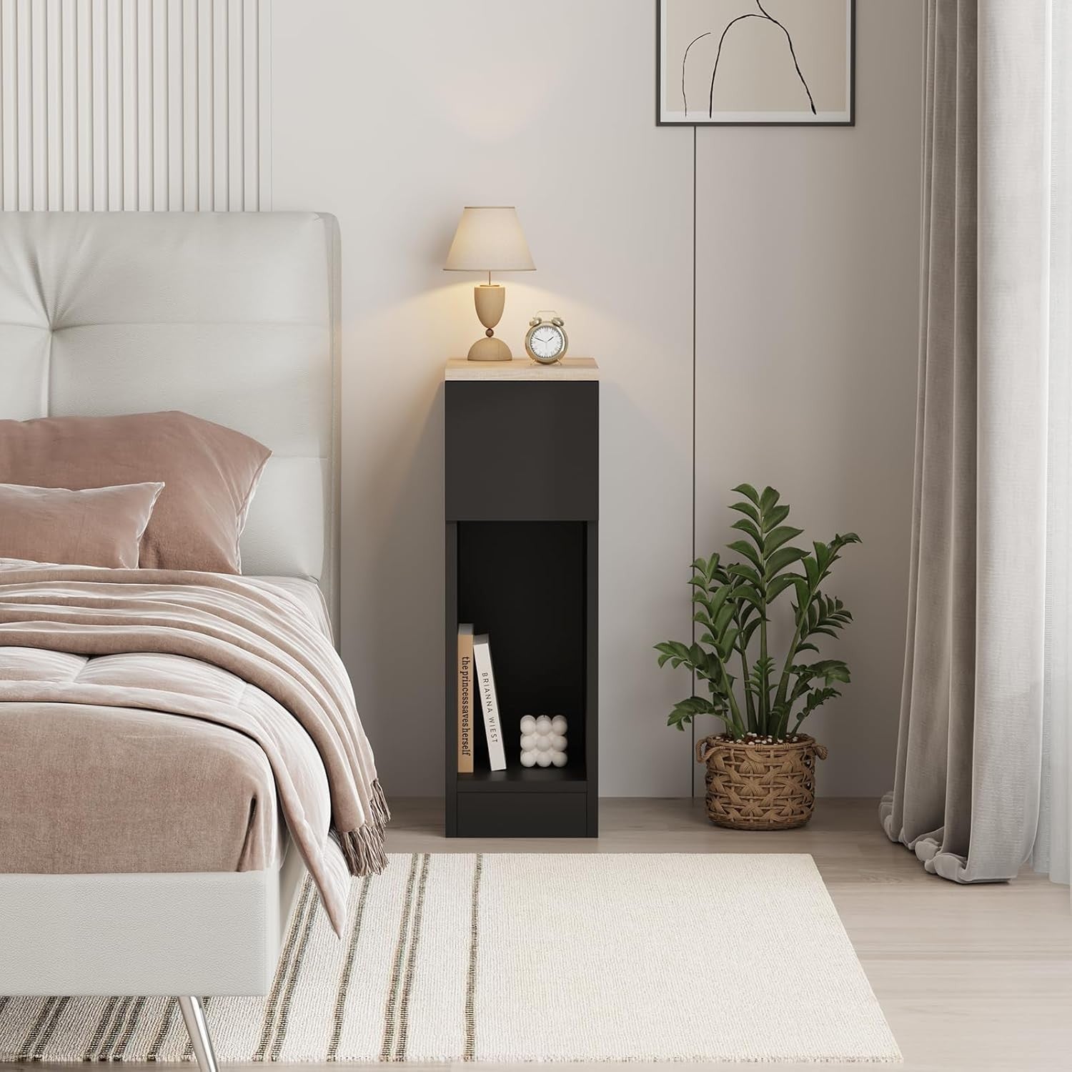 Slim Black Bedside Table Drawer & Shelf, Modern Narrow Nightstand Storage