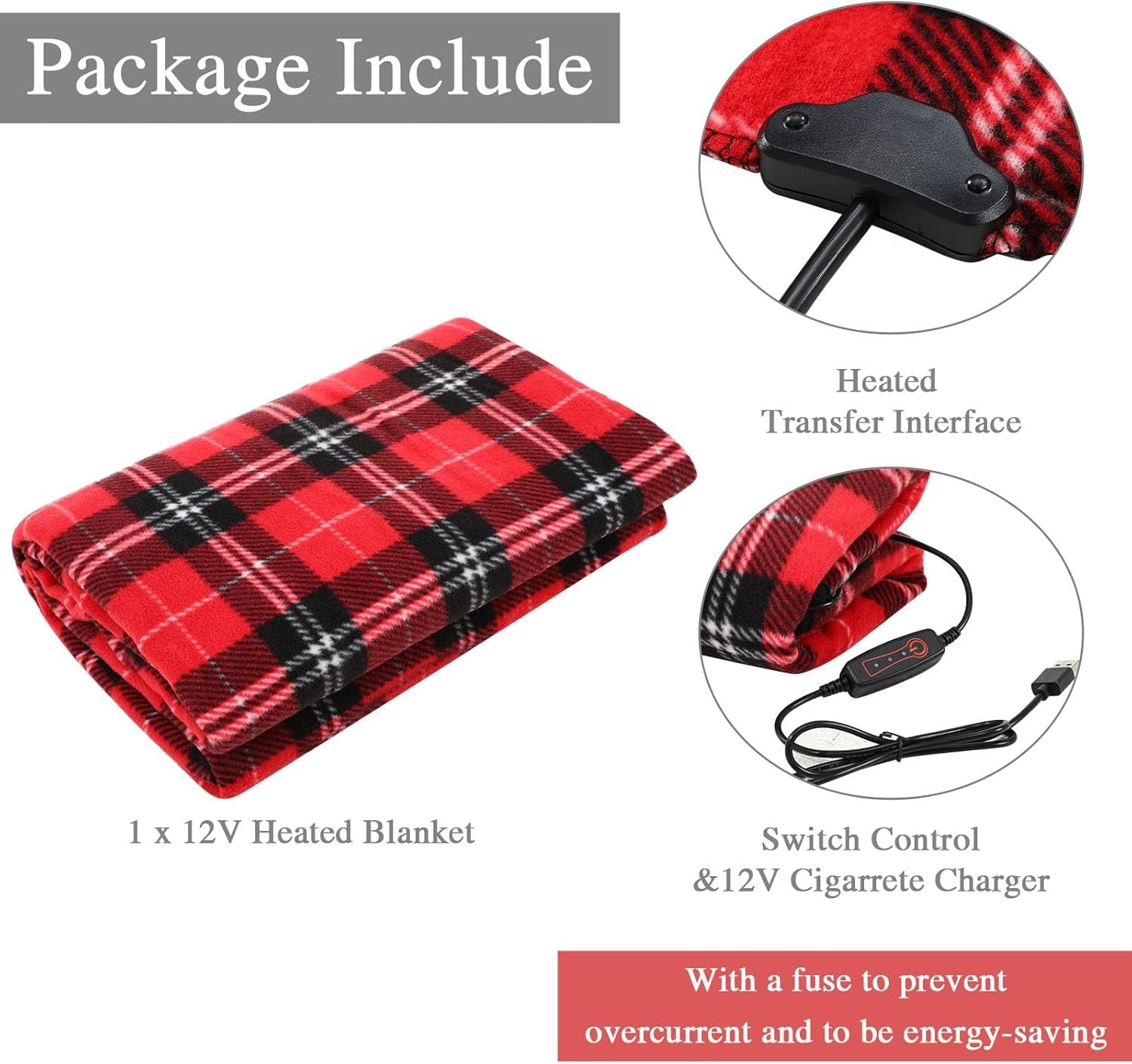 12V Heated Car Blanket Electric Winter Travel Throw Black Red Plaid