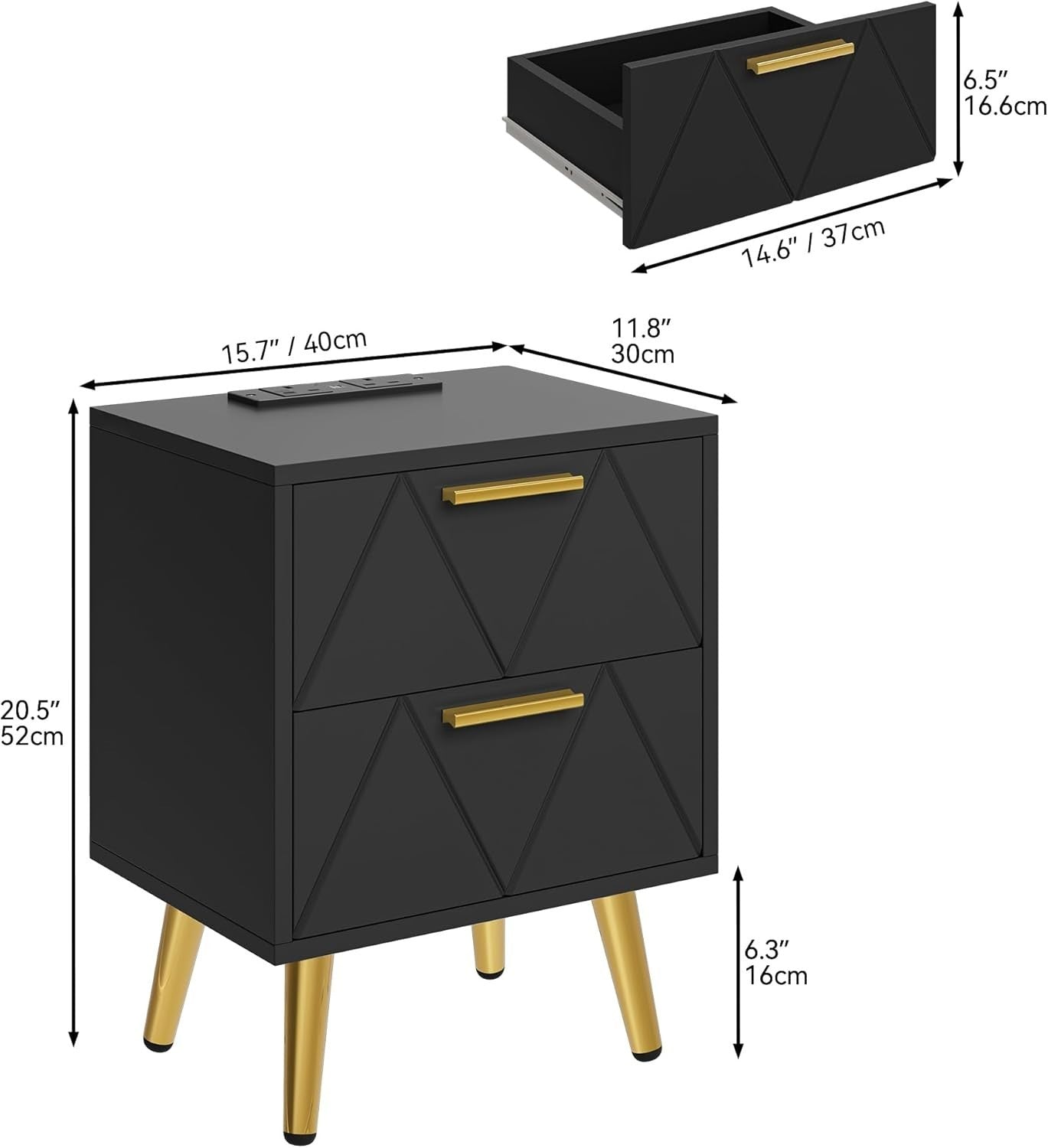 Black & Gold 2 Drawer Bedside Table – Modern Nightstand with USB Ports