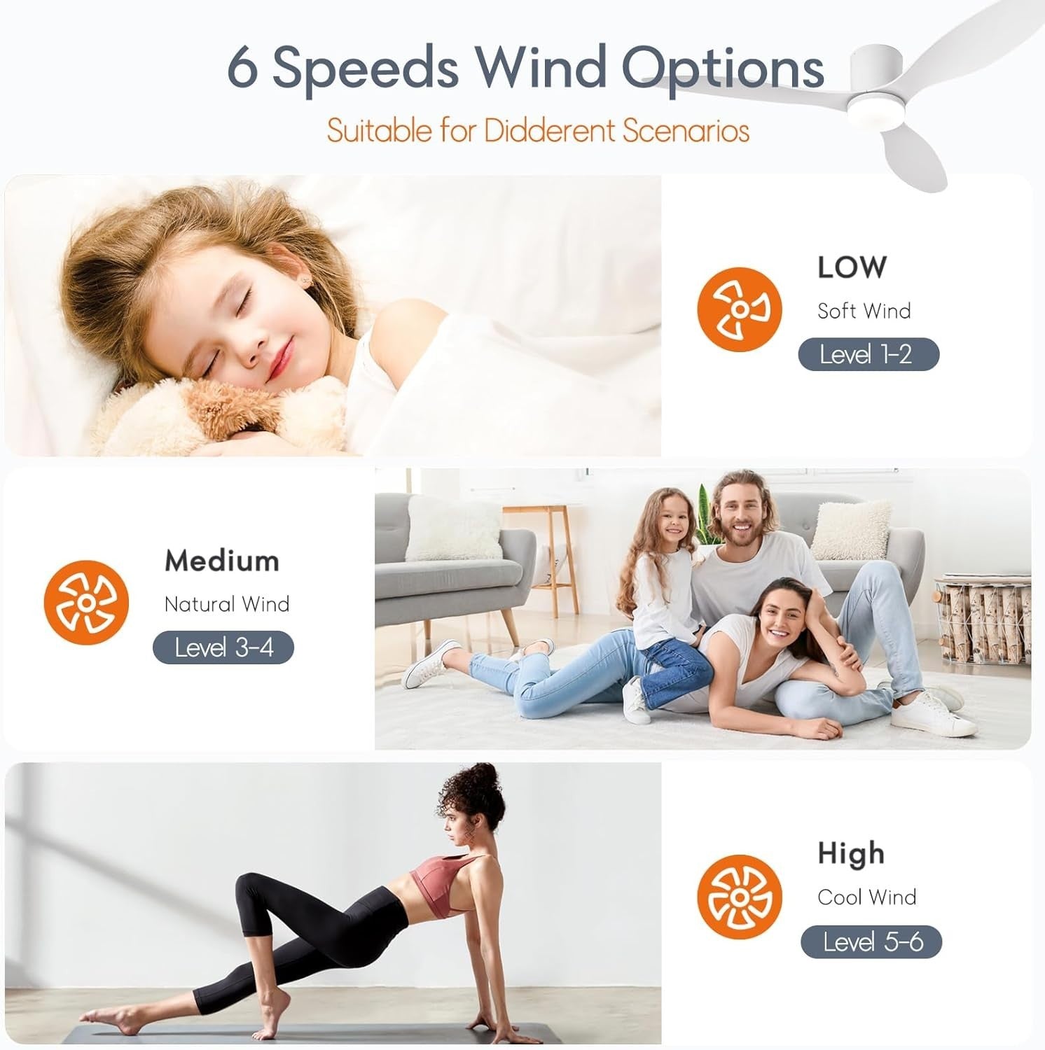 AQLEDY 52" Ceiling Fan with Light, 6-Speed, Remote, Reversible, White-Wood
