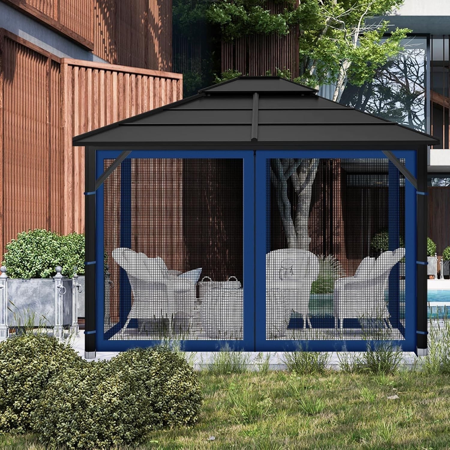 10x10ft Navy Blue Gazebo Mosquito Netting 4 Panels Zipper Sidewalls Outdoor