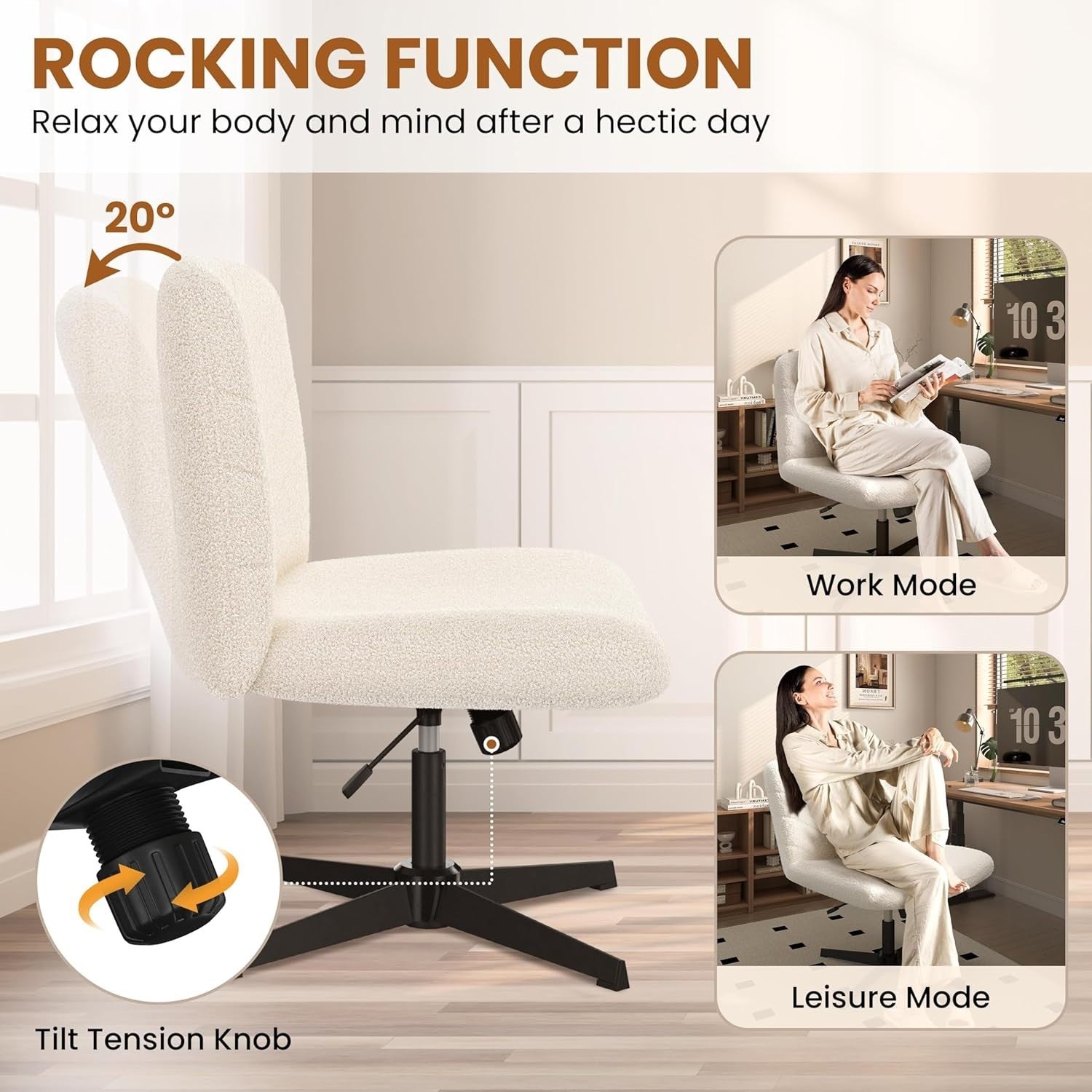Boucle Office Desk Chair Adjustable Height Armless Swivel Ivory Home Study