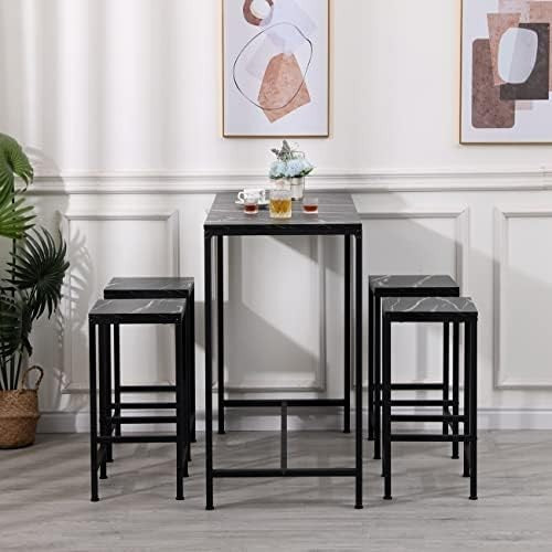 5 Piece Bar Table Set with 4 Stools Marble Effect Kitchen Dining Set