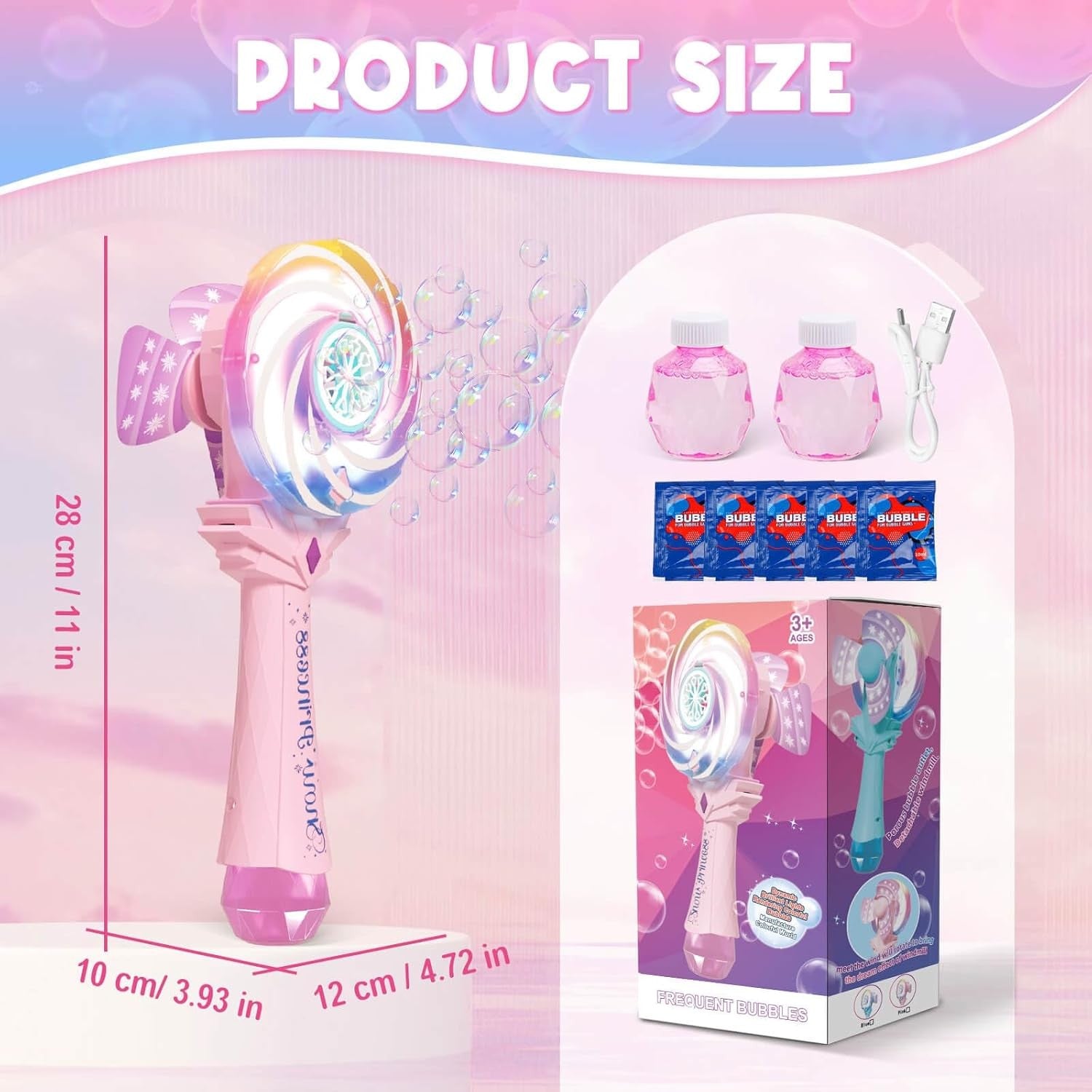 Pink Bubble Wand Toy for Girls LED Windmill Bubble Machine