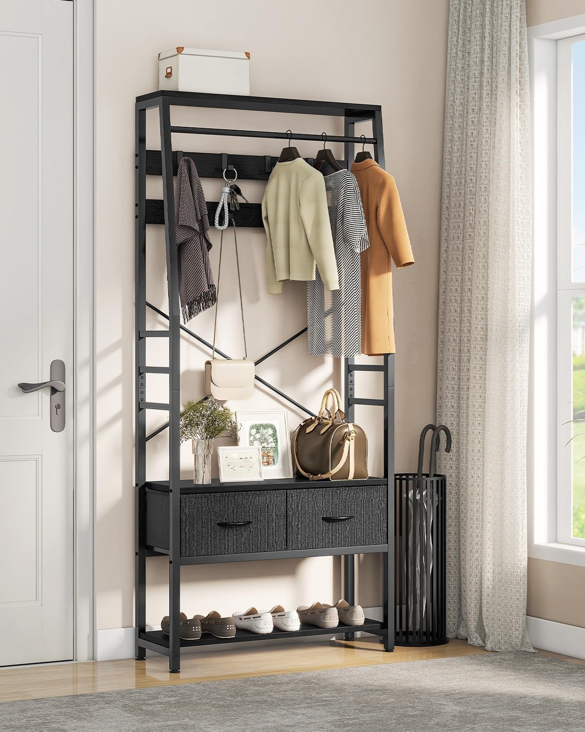 Black Metal Hall Tree Coat Rack | Bench with Shoe Storage & 2 Drawers Organizer