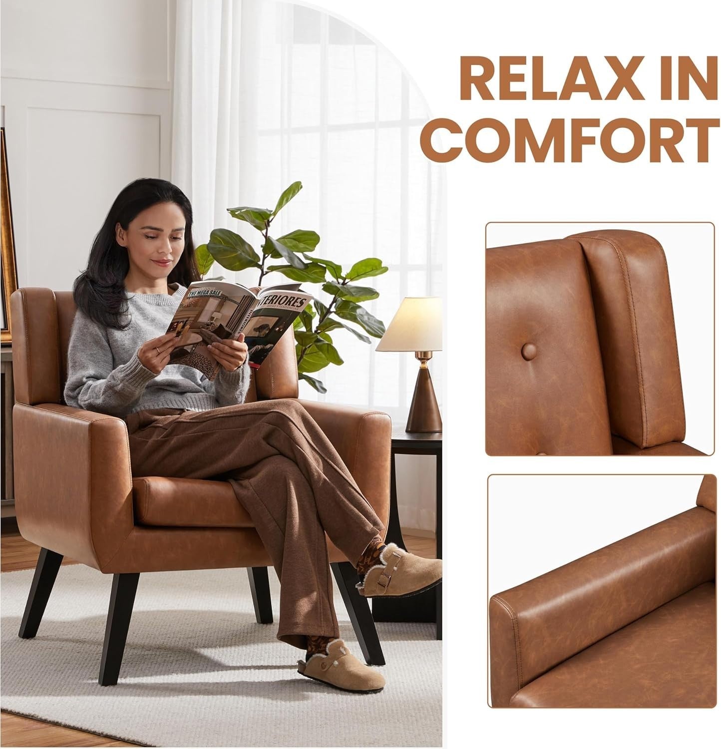 Set of 2 Retro Brown PU Leather Armchairs with Button Tufted Cushions