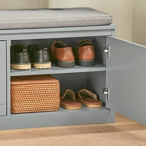 Grey Hallway Storage Bench Shoe Rack with Cushion Seat 2 Shelves MDF 98x37x49cm