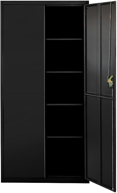 Tall Black Metal Storage Cabinet 2 Door Cupboard 5 Shelves 185cm Lockable