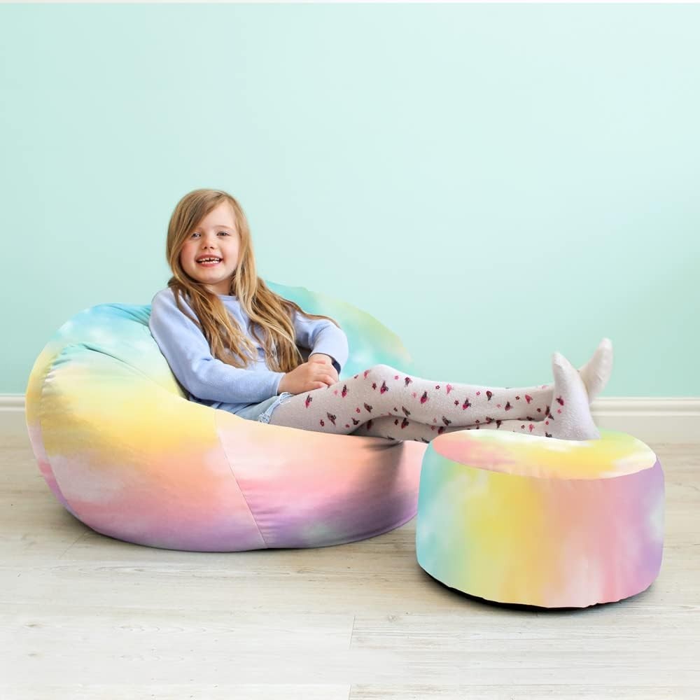 Kids Tie-Dye Bean Bag Chair with Footstool – Durable, Machine Washable, Indoor C