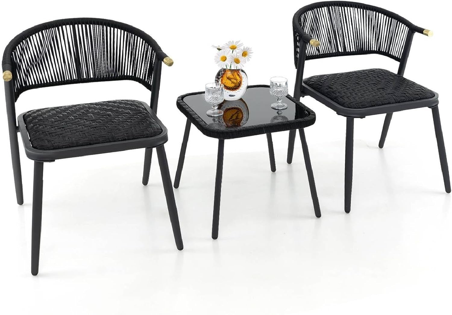3pc Outdoor Rattan Bistro Set with Cushioned Chairs Glass Table Patio Balcony