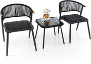 3pc Outdoor Rattan Bistro Set with Cushioned Chairs Glass Table Patio Balcony