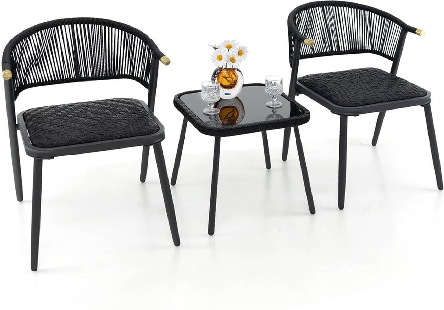 3pc Outdoor Rattan Bistro Set with Cushioned Chairs Glass Table Patio Balcony