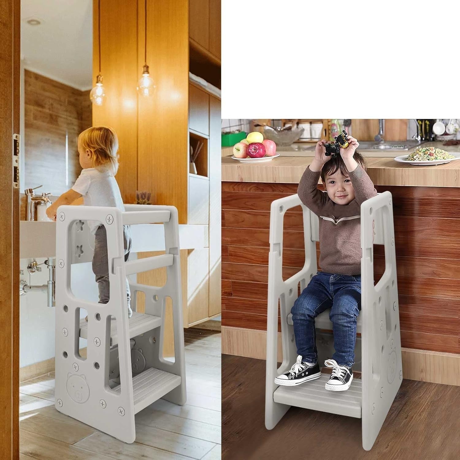 Adjustable Kids Step Stool with Safety Rail, Non-Toxic Durable Kitchen Helper