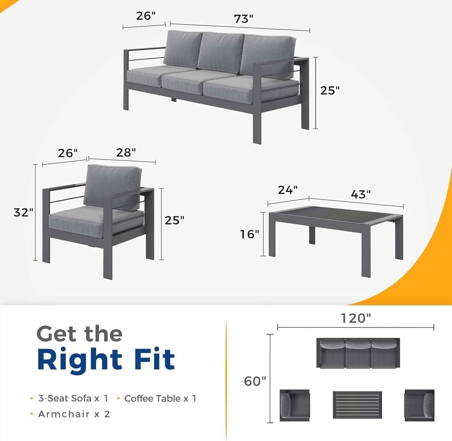 Luxury Grey Aluminium Outdoor Sofa Set 5pc Patio Garden Furniture