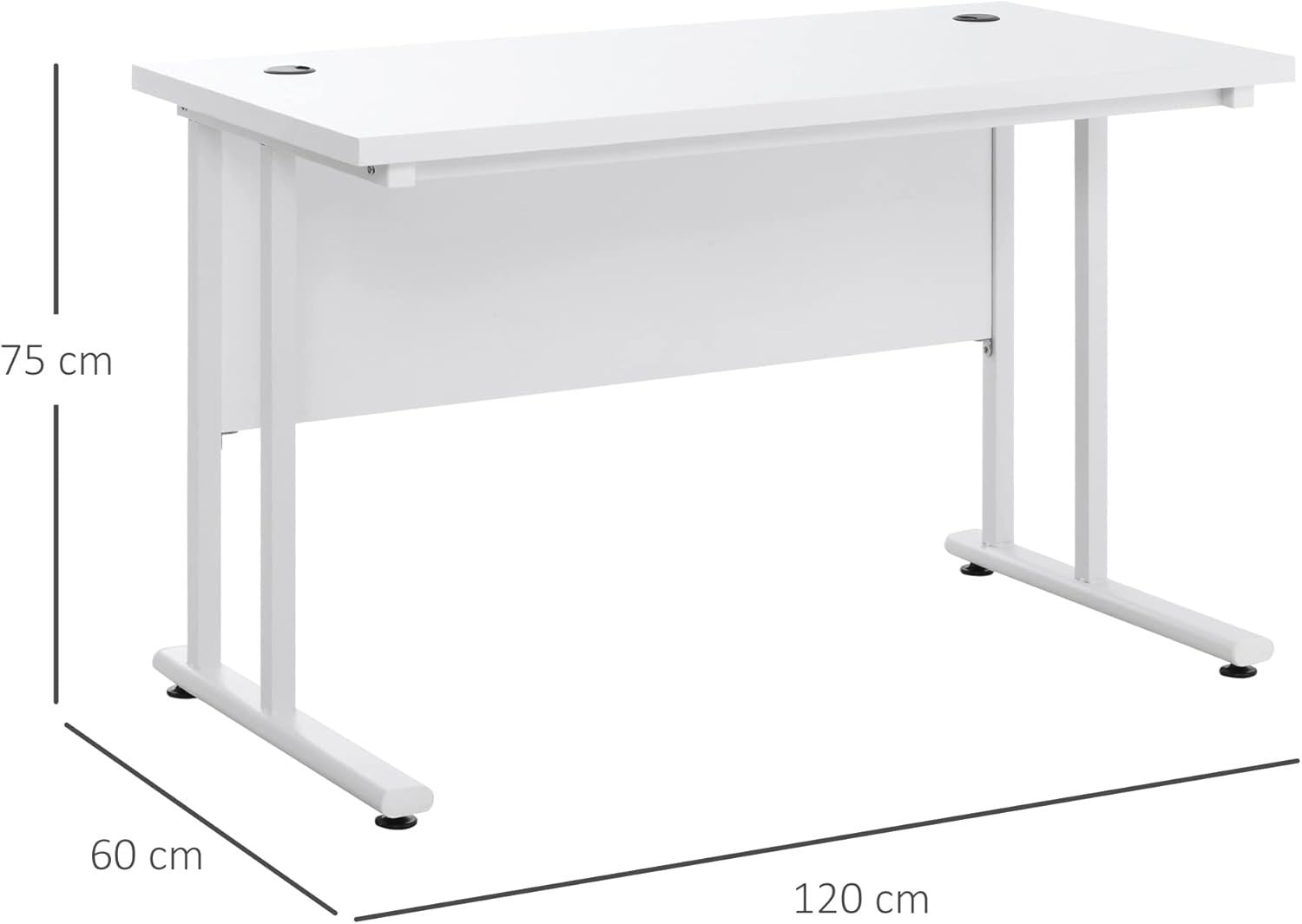 White 120x60cm Computer Desk w/Cable Holes, Metal Legs & Adjustable Feet