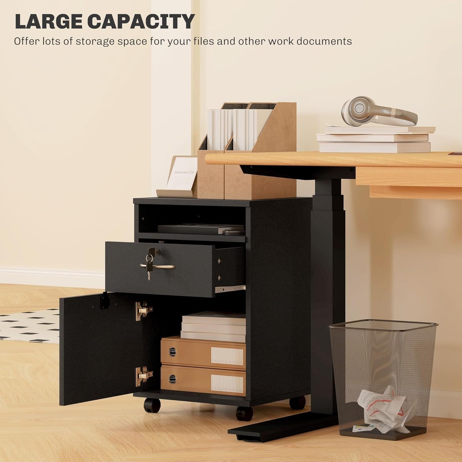 Black Mobile Filing Cabinet with Lockable Drawer & Wheels for Home Office