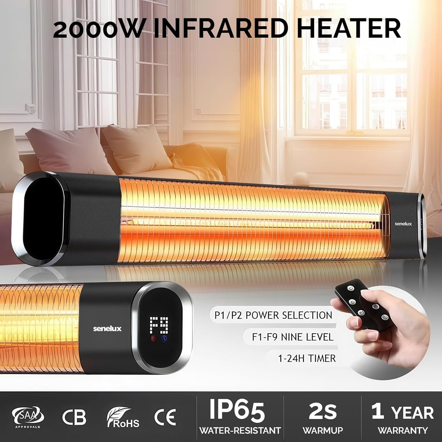 Wall Mounted Infrared Patio Heater 2000W Remote Control 9 Heat Levels Outdoor