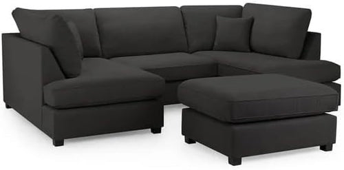 Black Velvet U-Shaped Modular 5 Seater Sofa - Cinema Corner + Footstool