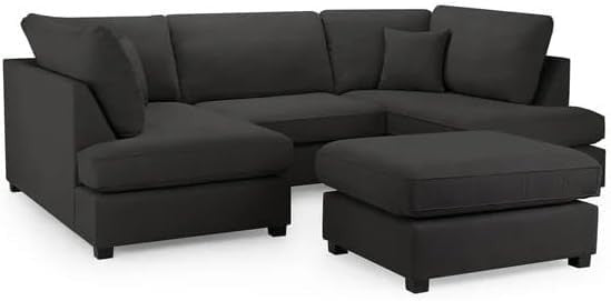 Black Velvet U-Shaped Modular 5 Seater Sofa - Cinema Corner + Footstool