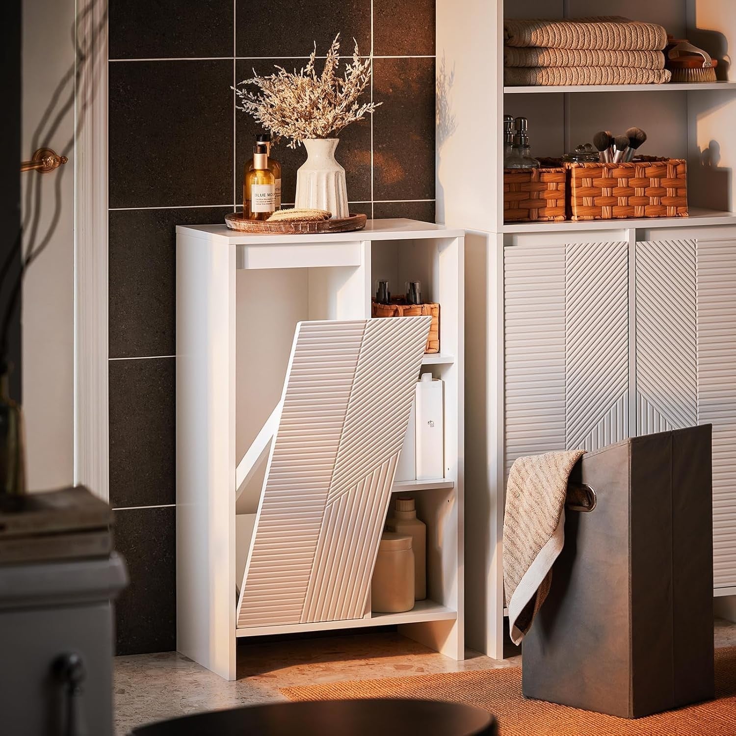 Slim Bathroom Storage Cabinet with Laundry Hamper White Tall Unit 86×50×30cm